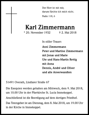 Anzeige von Karl Zimmermann von Kölner Stadt-Anzeiger / Kölnische Rundschau / Express