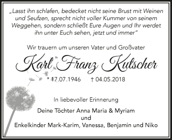 Anzeige von Karl Franz Kutscher von  Schaufenster/Blickpunkt am Wochenende 