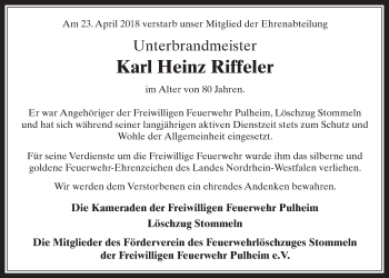 Anzeige von Karl Heinz Riffeler von  Sonntags-Post 