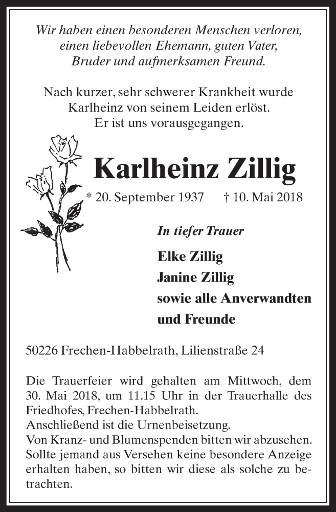  Traueranzeige für Karlheinz Zillig vom 23.05.2018 aus  Wochenende 