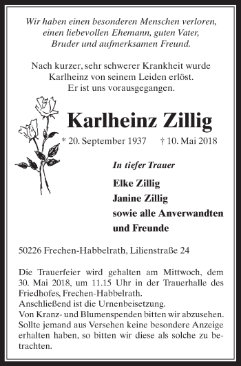 Anzeige von Karlheinz Zillig von  Wochenende 