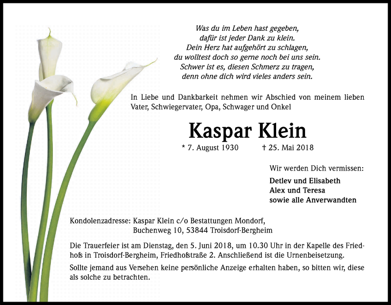  Traueranzeige für Kaspar Klein vom 30.05.2018 aus Kölner Stadt-Anzeiger / Kölnische Rundschau / Express