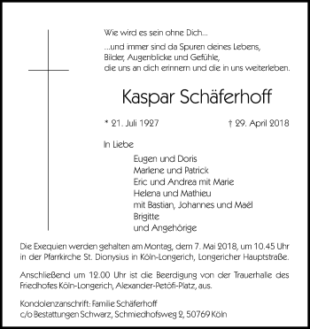 Anzeige von Kaspar Schäferhoff von Kölner Stadt-Anzeiger / Kölnische Rundschau / Express