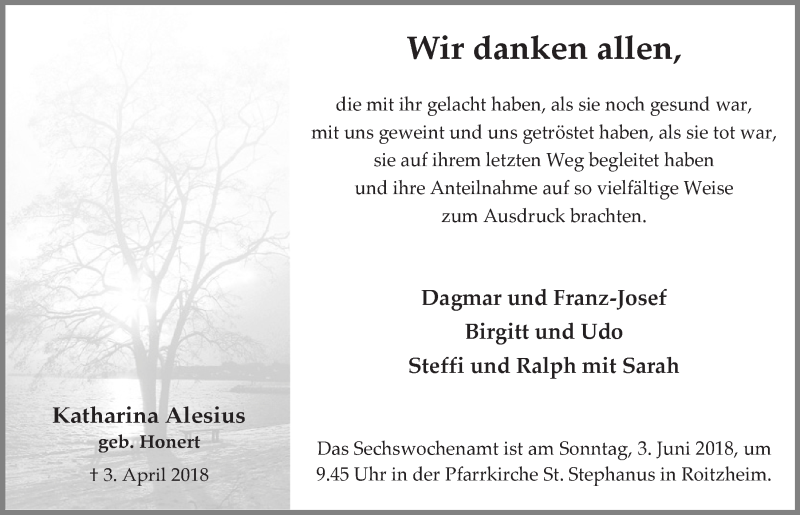  Traueranzeige für Katharina Alesius vom 26.05.2018 aus  Blickpunkt Euskirchen 