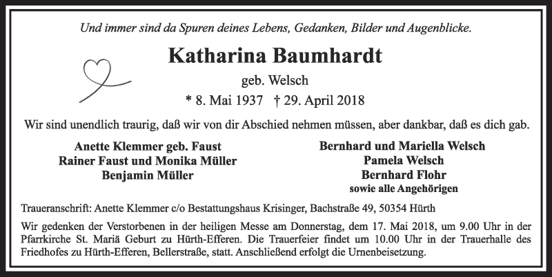  Traueranzeige für Katharina Baumhardt vom 12.05.2018 aus  Sonntags-Post 