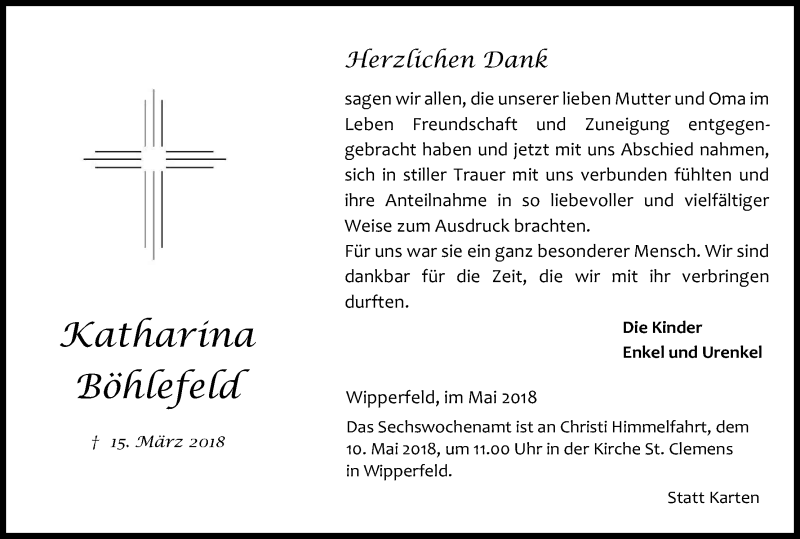  Traueranzeige für Katharina Böhlefeld vom 05.05.2018 aus Kölner Stadt-Anzeiger / Kölnische Rundschau / Express