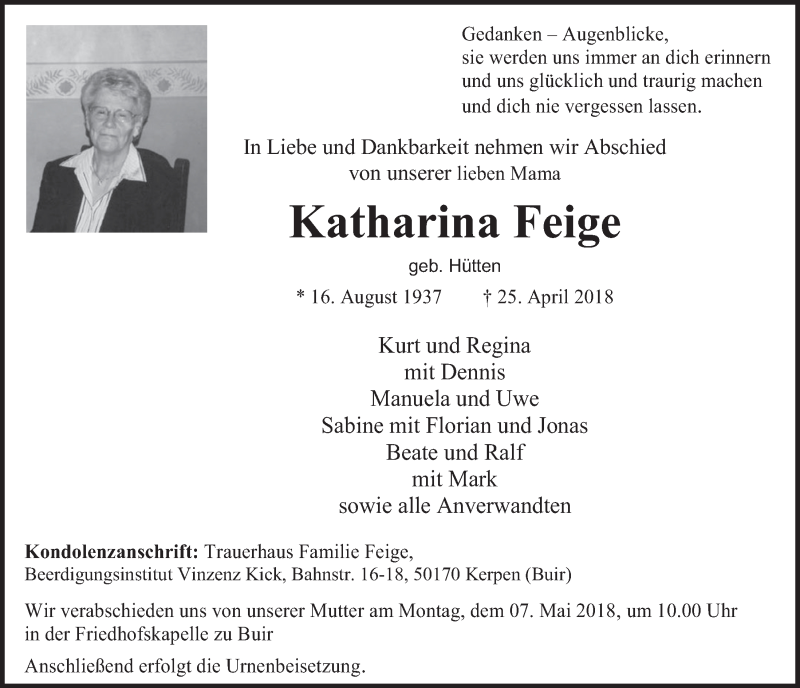  Traueranzeige für Katharina Feige vom 02.05.2018 aus  Werbepost 