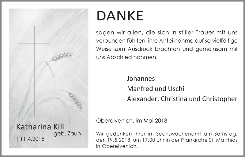  Traueranzeige für Katharina Kill vom 12.05.2018 aus  Blickpunkt Euskirchen 