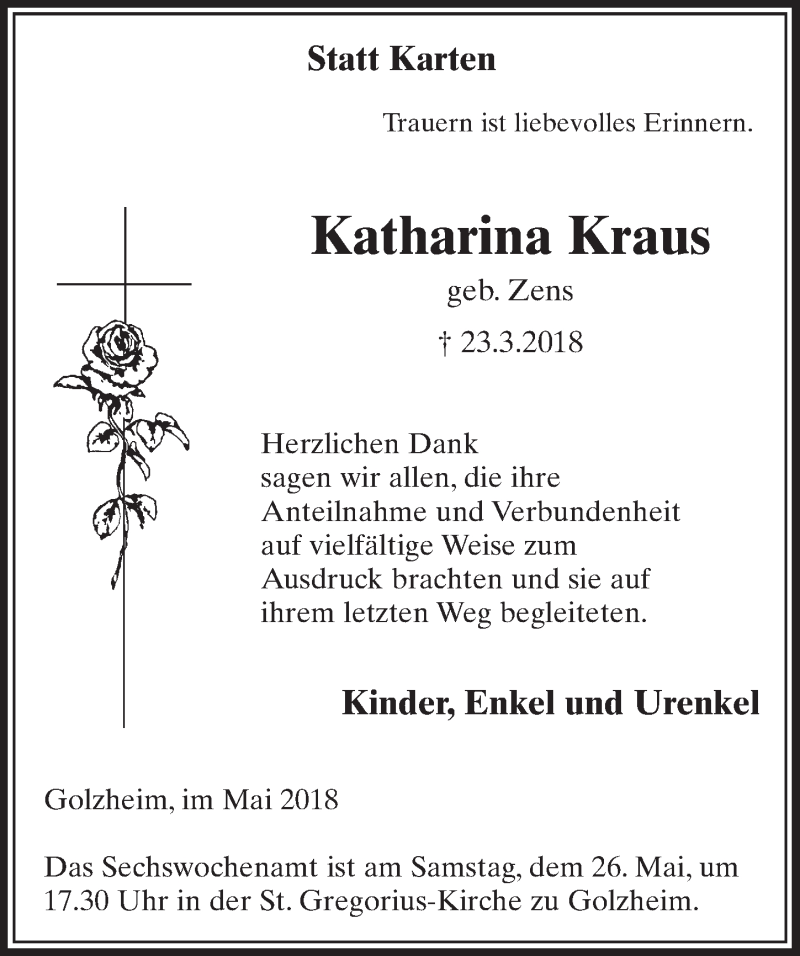  Traueranzeige für Katharina Kraus vom 19.05.2018 aus  Sonntags-Post 
