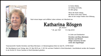 Anzeige von Katharina Rösgen von Kölner Stadt-Anzeiger / Kölnische Rundschau / Express
