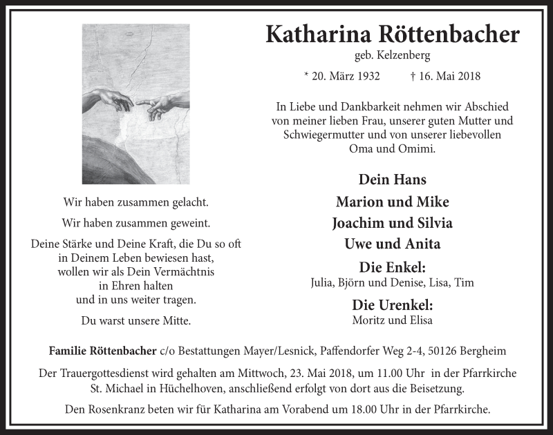  Traueranzeige für Katharina Röttenbacher vom 19.05.2018 aus  Sonntags-Post 