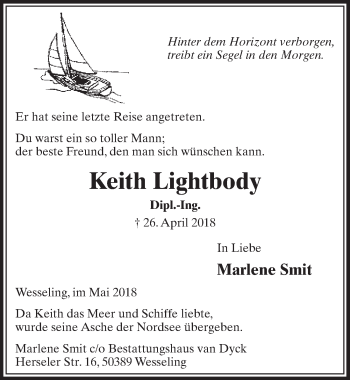 Anzeige von Keith Lightbody von  Schlossbote/Werbekurier 