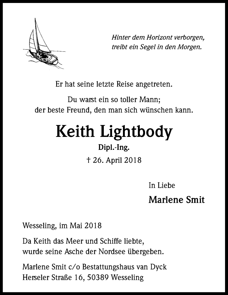  Traueranzeige für Keith Lightbody vom 19.05.2018 aus Kölner Stadt-Anzeiger / Kölnische Rundschau / Express