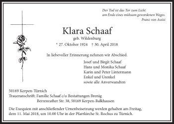 Anzeige von Klara Schaaf von  Sonntags-Post 