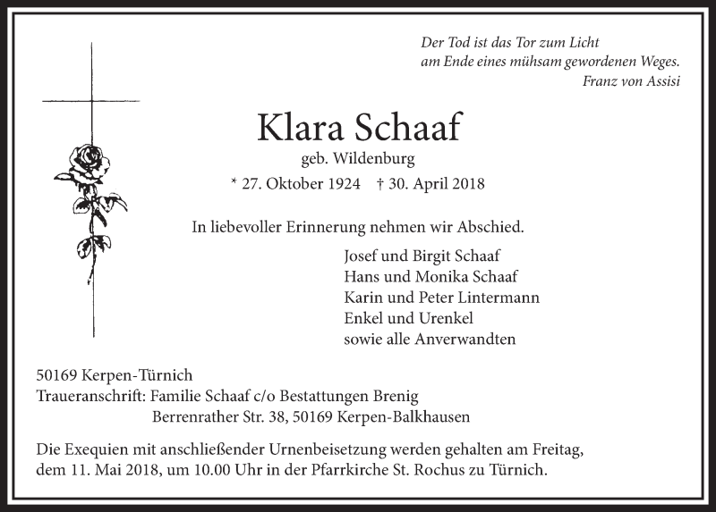  Traueranzeige für Klara Schaaf vom 05.05.2018 aus  Sonntags-Post 