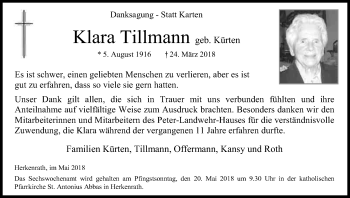 Anzeige von Klara Tillmann von Kölner Stadt-Anzeiger / Kölnische Rundschau / Express