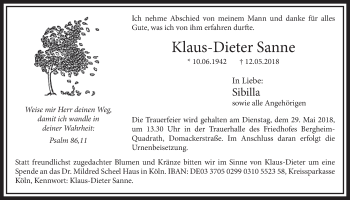 Anzeige von Klaus-Dieter Sanne von  Sonntags-Post 