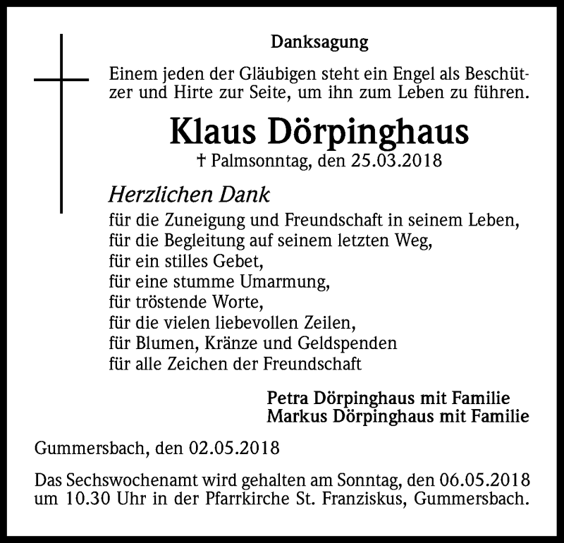  Traueranzeige für Klaus Dörpinghaus vom 05.05.2018 aus Kölner Stadt-Anzeiger / Kölnische Rundschau / Express