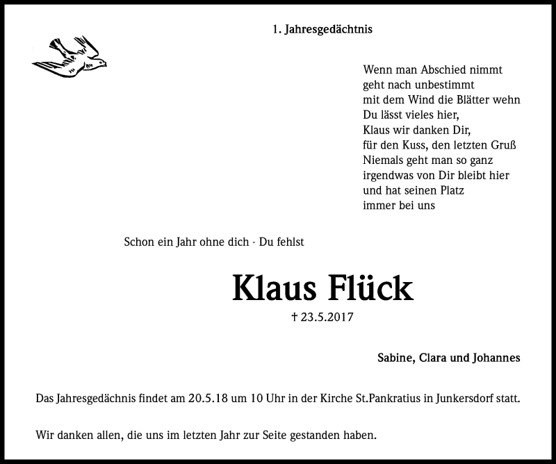  Traueranzeige für Klaus Flück vom 19.05.2018 aus Kölner Stadt-Anzeiger / Kölnische Rundschau / Express