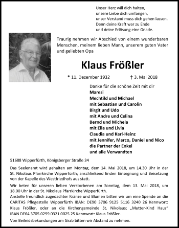 Anzeige von Klaus Frößler von Kölner Stadt-Anzeiger / Kölnische Rundschau / Express