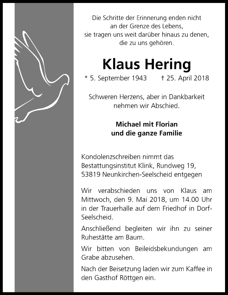  Traueranzeige für Klaus Hering vom 05.05.2018 aus Kölner Stadt-Anzeiger / Kölnische Rundschau / Express