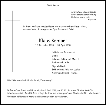 Anzeige von Klaus Kemper von Kölner Stadt-Anzeiger / Kölnische Rundschau / Express