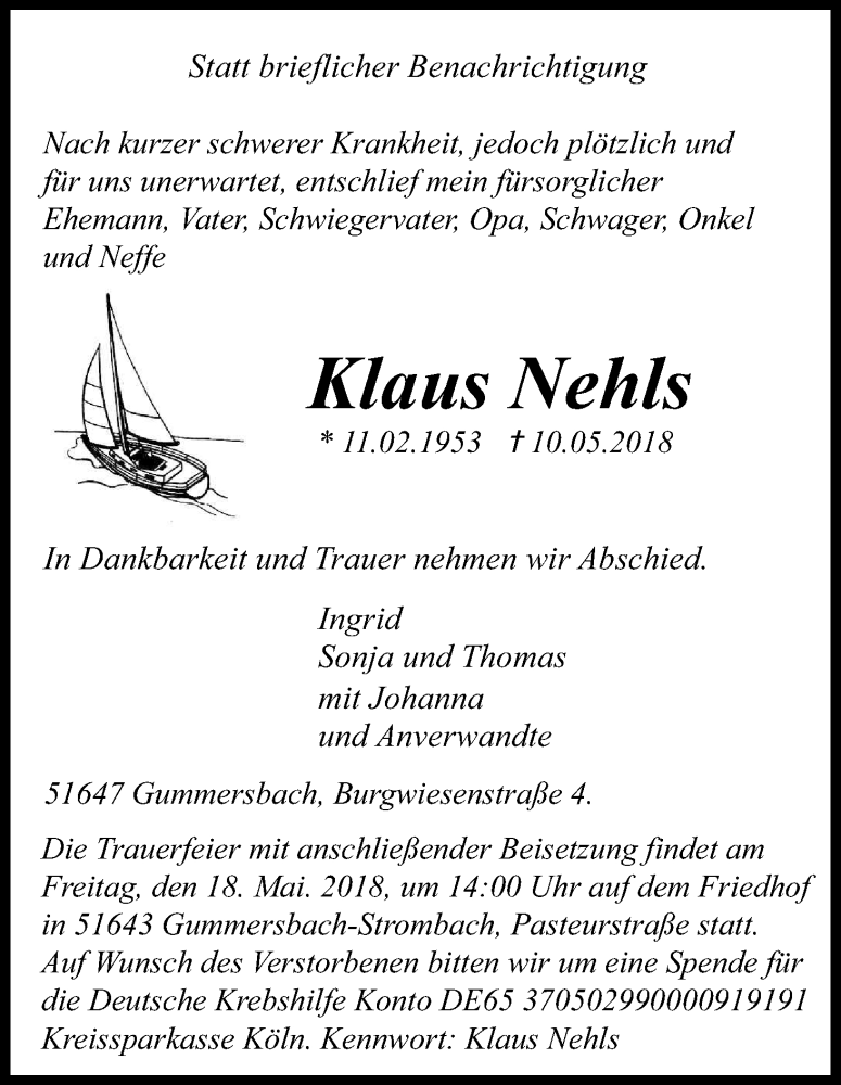 Traueranzeige für Klaus Nehls vom 16.05.2018 aus Kölner Stadt-Anzeiger / Kölnische Rundschau / Express