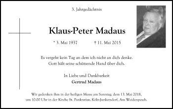 Anzeige von Klaus-Peter Madaus von Kölner Stadt-Anzeiger / Kölnische Rundschau / Express