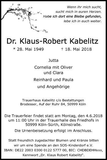 Anzeige von Klaus-Robert Kabelitz von Kölner Stadt-Anzeiger / Kölnische Rundschau / Express