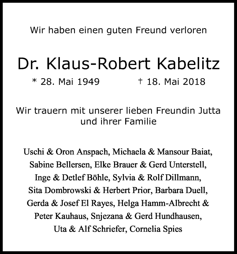 Traueranzeige für Klaus-Robert Kabelitz vom 26.05.2018 aus Kölner Stadt-Anzeiger / Kölnische Rundschau / Express