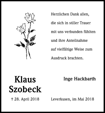 Anzeige von Klaus Szobeck von Kölner Stadt-Anzeiger / Kölnische Rundschau / Express