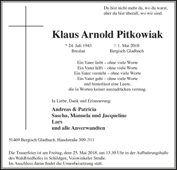 Anzeige von Klaus Arnold Pitkowiak von  Bergisches Handelsblatt 