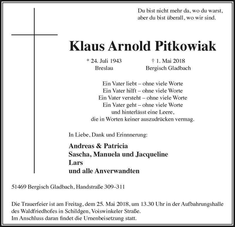  Traueranzeige für Klaus Arnold Pitkowiak vom 09.05.2018 aus  Bergisches Handelsblatt 