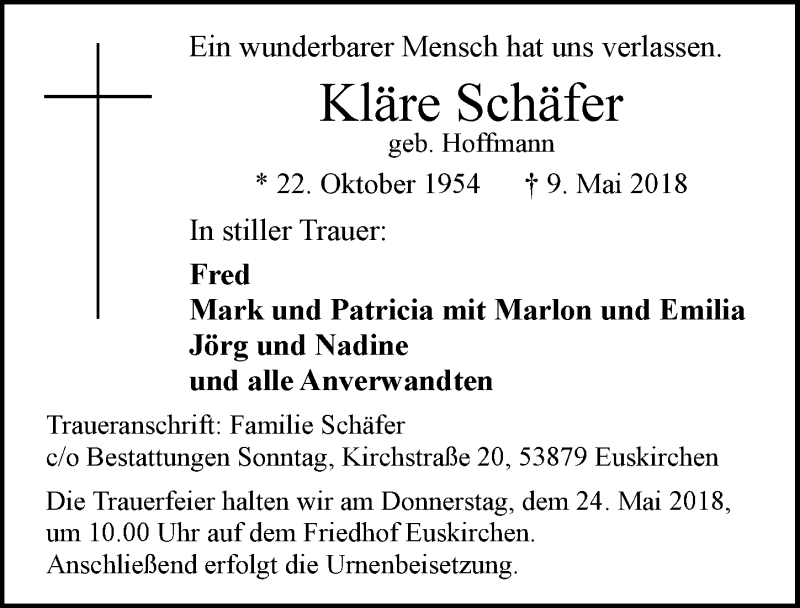  Traueranzeige für Kläre Schäfer vom 19.05.2018 aus  Blickpunkt Euskirchen 