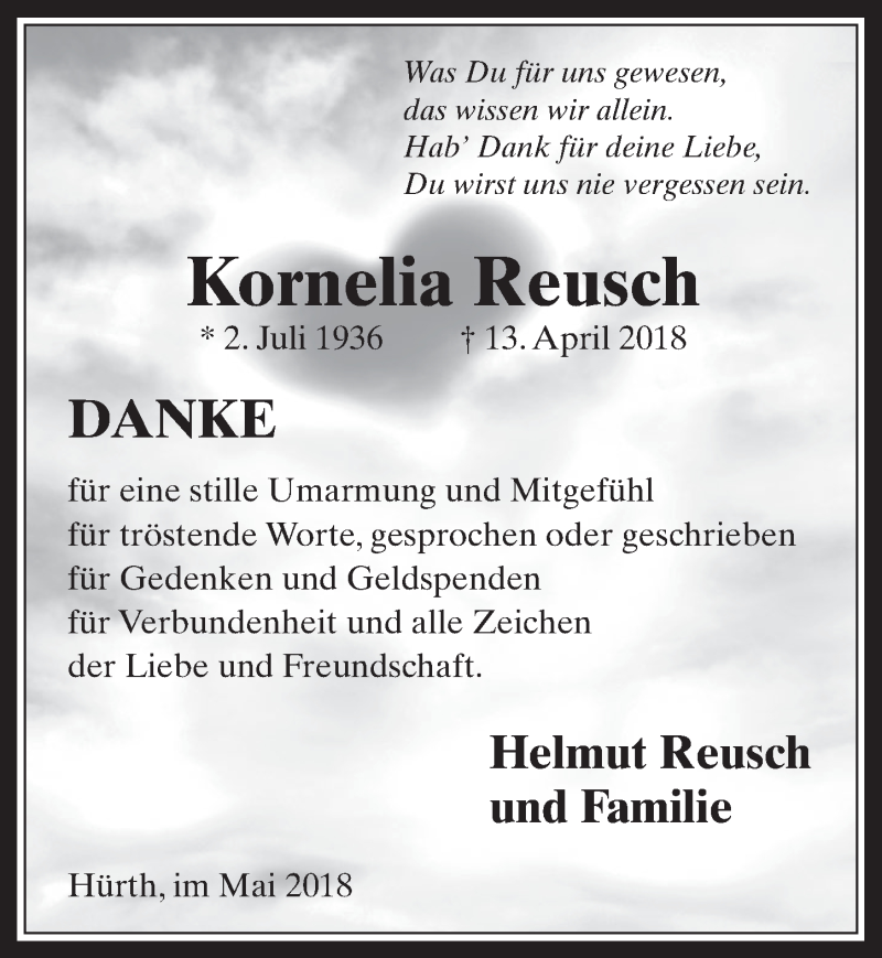  Traueranzeige für Kornelia Reusch vom 30.05.2018 aus  Wochenende 