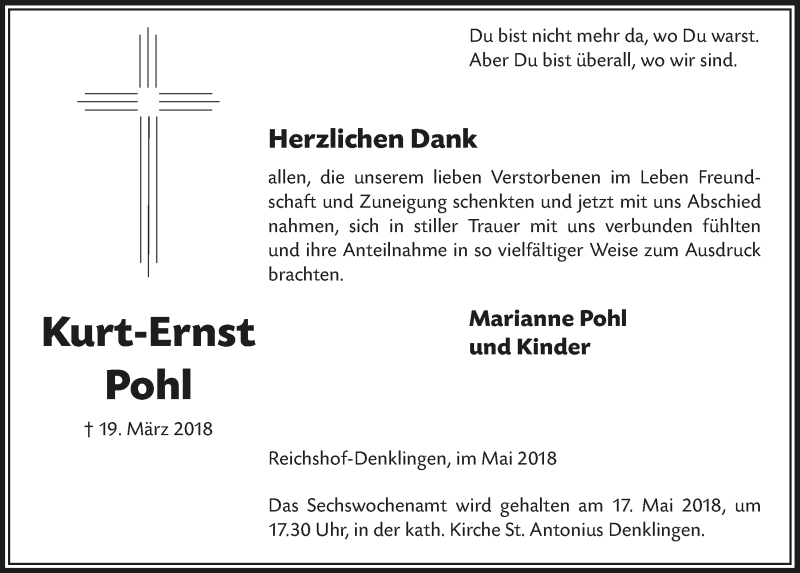  Traueranzeige für Kurt-Ernst Pohl vom 09.05.2018 aus  Lokalanzeiger 
