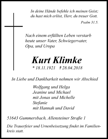 Anzeige von Kurt Klimke von Kölner Stadt-Anzeiger / Kölnische Rundschau / Express