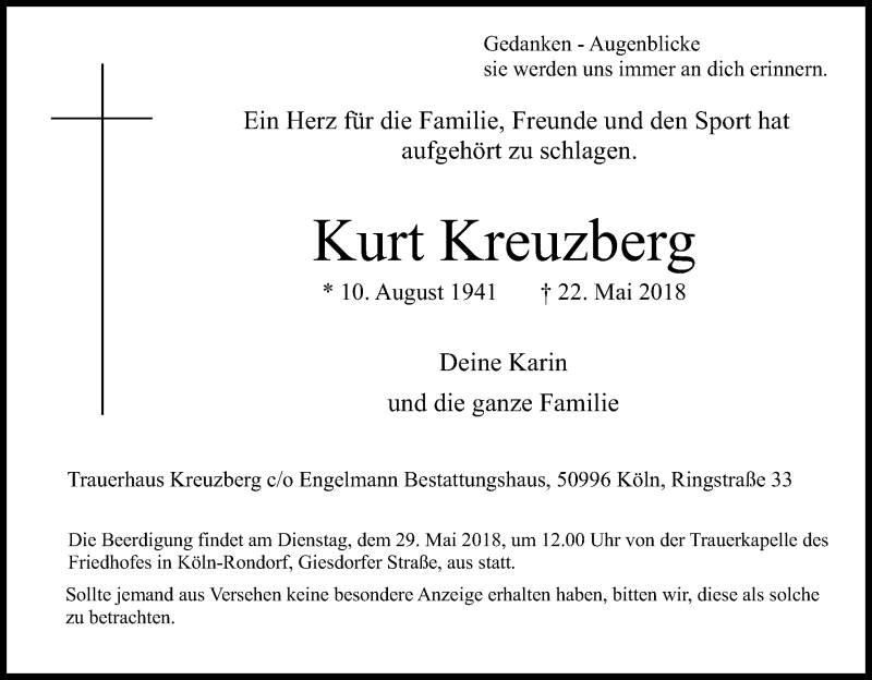  Traueranzeige für Kurt Kreuzberg vom 26.05.2018 aus Kölner Stadt-Anzeiger / Kölnische Rundschau / Express