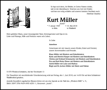 Anzeige von Kurt Müller von Kölner Stadt-Anzeiger / Kölnische Rundschau / Express