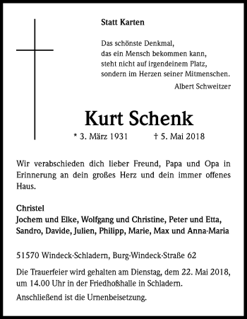 Anzeige von Kurt Schenk von Kölner Stadt-Anzeiger / Kölnische Rundschau / Express