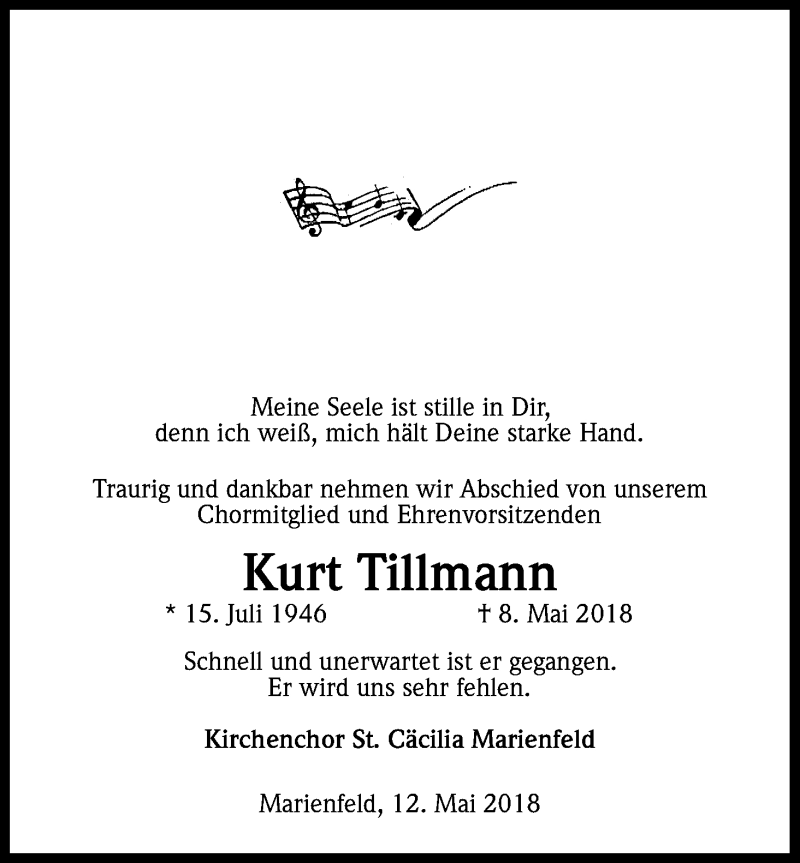  Traueranzeige für Kurt Tillmann vom 12.05.2018 aus Kölner Stadt-Anzeiger / Kölnische Rundschau / Express