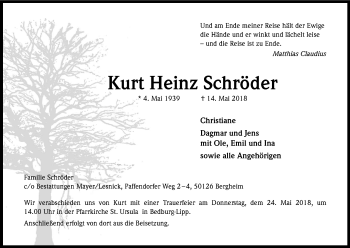Anzeige von Kurt Heinz Schröder von Kölner Stadt-Anzeiger / Kölnische Rundschau / Express