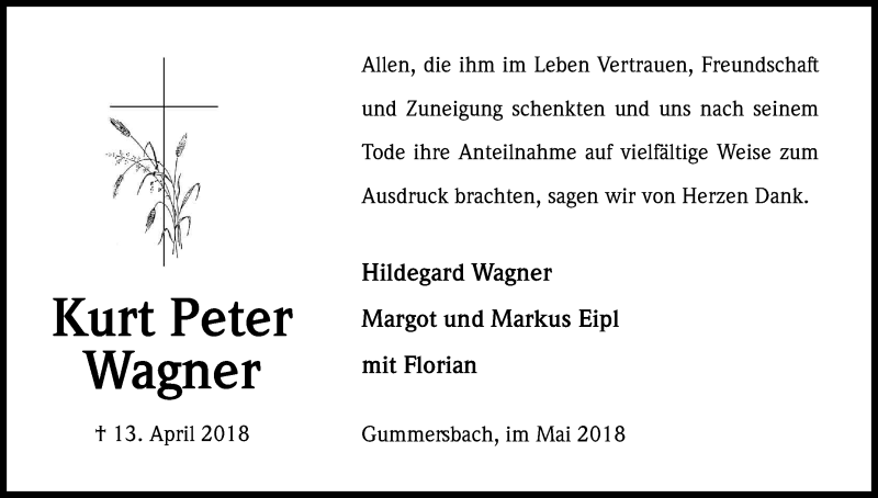  Traueranzeige für Kurt Peter Wagner vom 18.05.2018 aus Kölner Stadt-Anzeiger / Kölnische Rundschau / Express