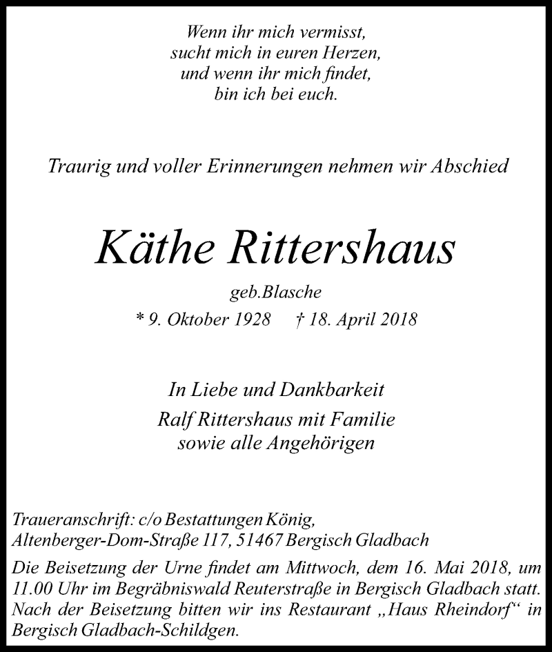  Traueranzeige für Käthe Rittershaus vom 05.05.2018 aus Kölner Stadt-Anzeiger / Kölnische Rundschau / Express