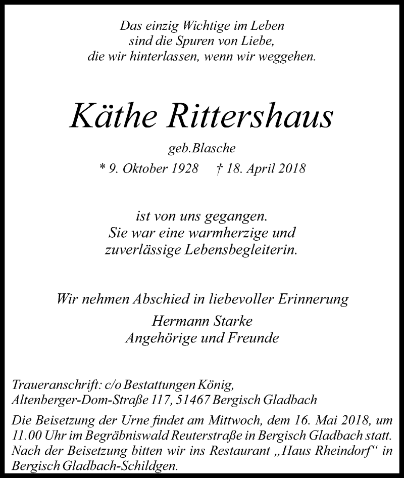  Traueranzeige für Käthe Rittershaus vom 05.05.2018 aus Kölner Stadt-Anzeiger / Kölnische Rundschau / Express