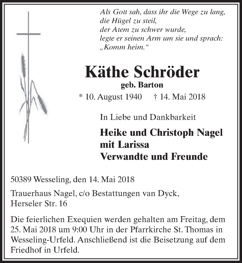  Traueranzeige für Käthe Schröder vom 23.05.2018 aus  Schlossbote/Werbekurier 