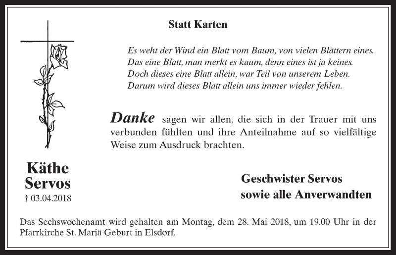  Traueranzeige für Käthe Servos vom 23.05.2018 aus  Werbepost 