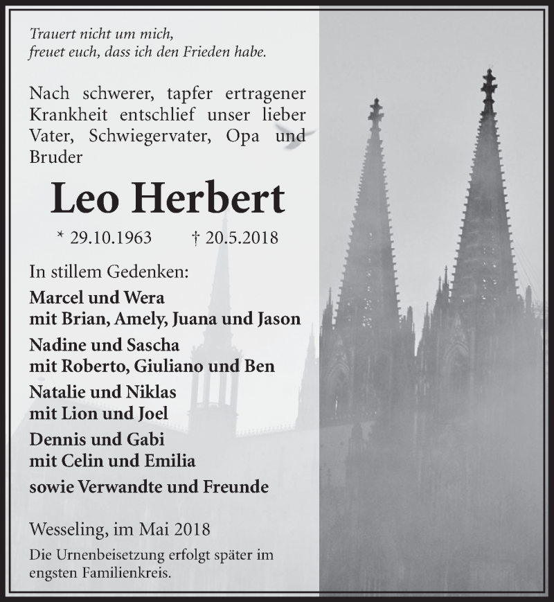  Traueranzeige für Leo Herbert vom 30.05.2018 aus  Schlossbote/Werbekurier 