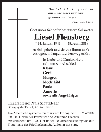 Anzeige von Liesel Flensberg von  Wochenende 