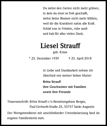 Anzeige von Liesel Strauff von Kölner Stadt-Anzeiger / Kölnische Rundschau / Express